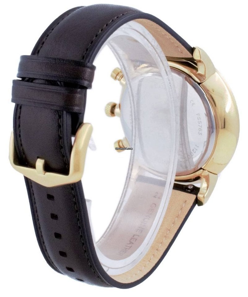 Angled view of Fossil Neutra Chronograph showing case, dial, and brown leather strap with buckle