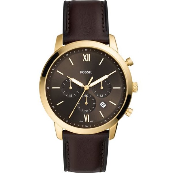 Fossil Neutra Chronograph watch with black dial, gold-tone case, and brown leather strap