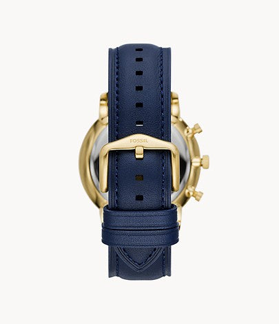Case back view of Fossil Neutra Chronograph with navy leather strap and gold-tone buckle
