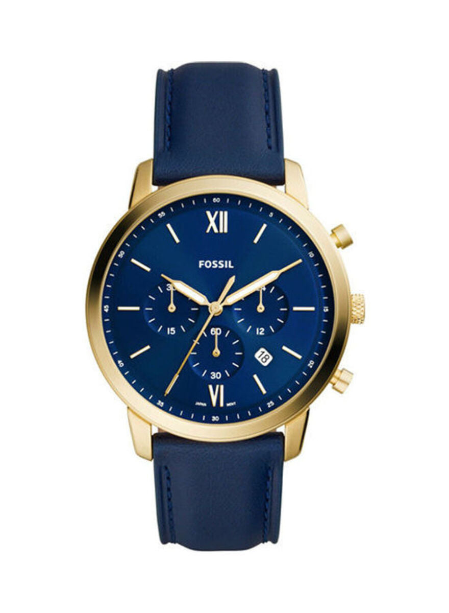 Fossil Neutra Chronograph watch with navy dial, gold case, and navy leather strap
