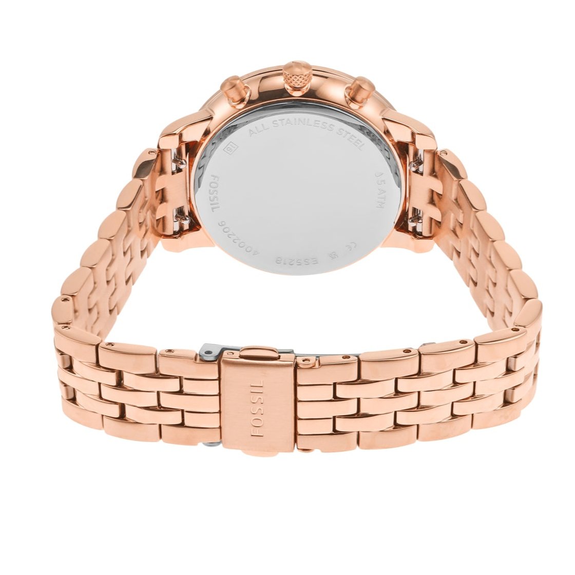 Fossil Neutra ES5218 watch caseback showing rose gold steel bracelet and solid case back
