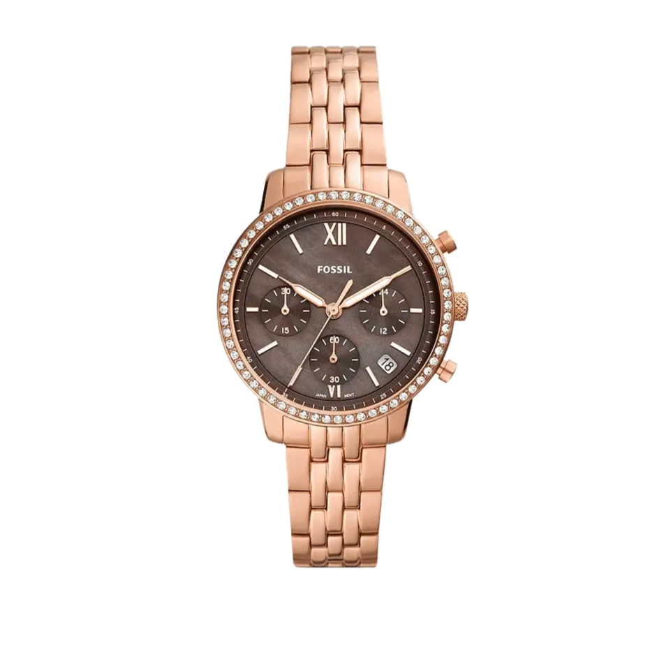 Fossil Neutra Chronograph ES5218 women's watch front view with brown dial and diamond bezel