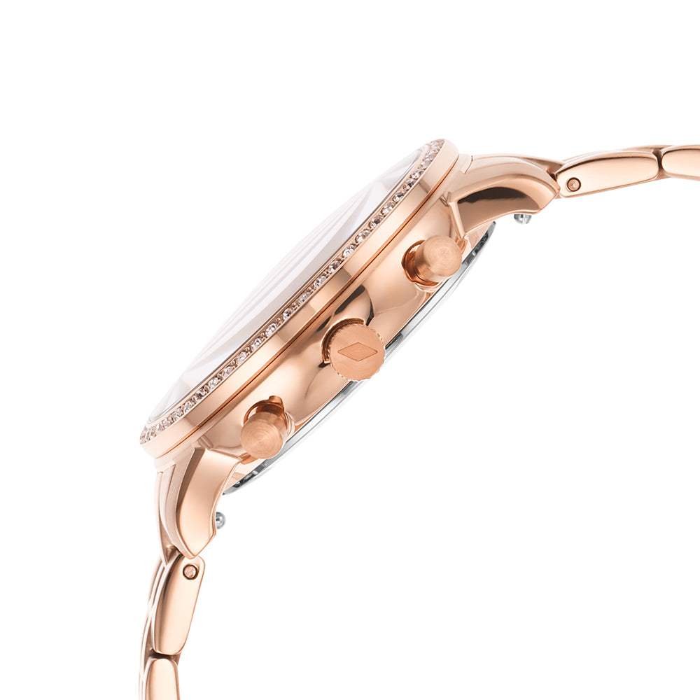 Fossil Neutra ES5218 side profile showing rose gold steel case and bracelet thickness