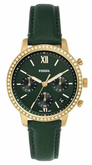 Fossil Neutra chronograph watch with gold case, crystal bezel, dark green dial, and green leather strap