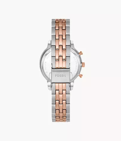 Top-down view of Fossil Neutra two-tone chronograph watch case and band