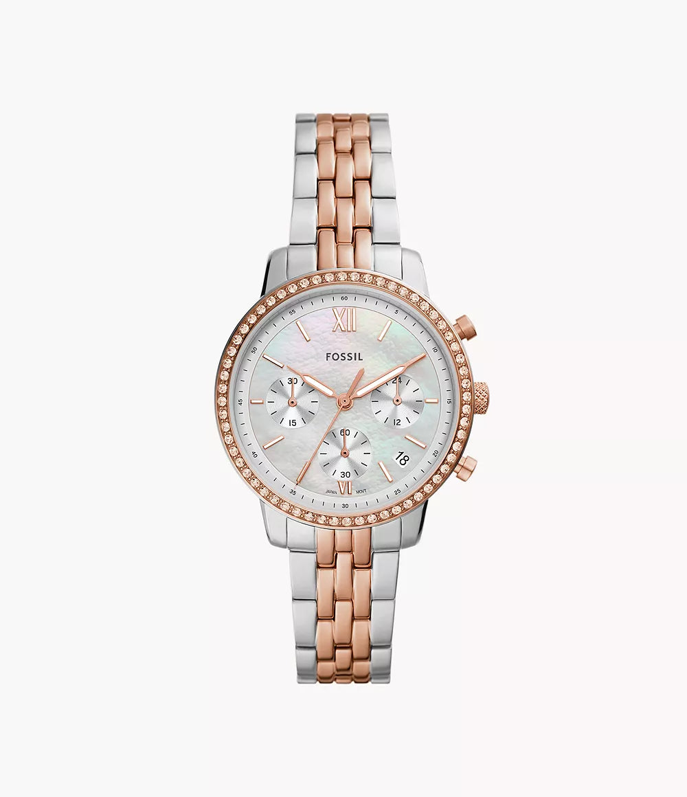 Fossil Neutra two-tone chronograph watch with crystal bezel and silver dial