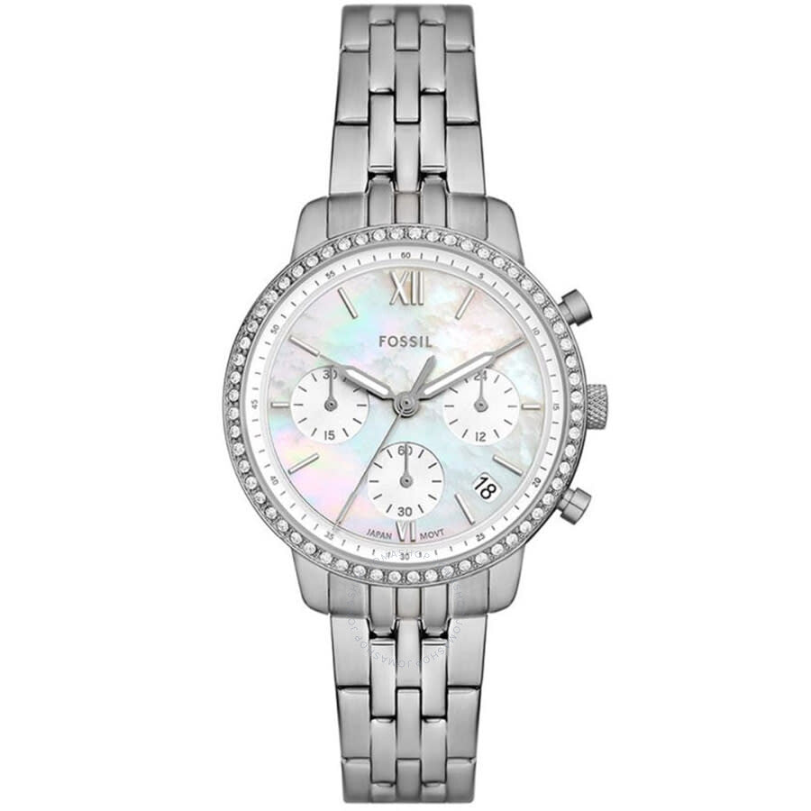Fossil Neutra white chronograph dial with Roman numerals and crystal-studded bezel, stainless steel bracelet