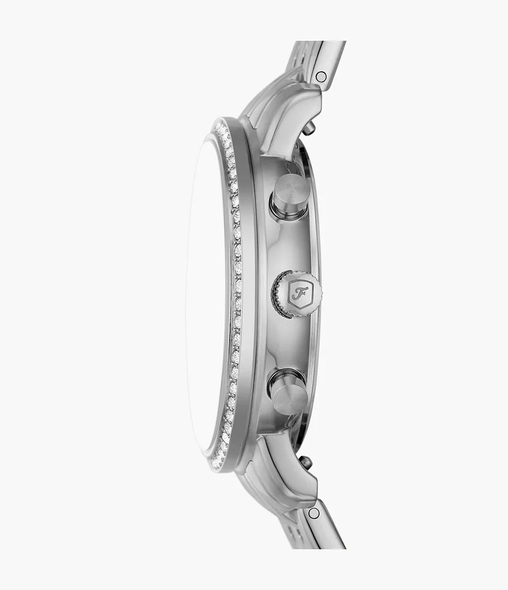 Fossil Neutra chronograph watch side profile showing crystal bezel and stainless steel case thickness
