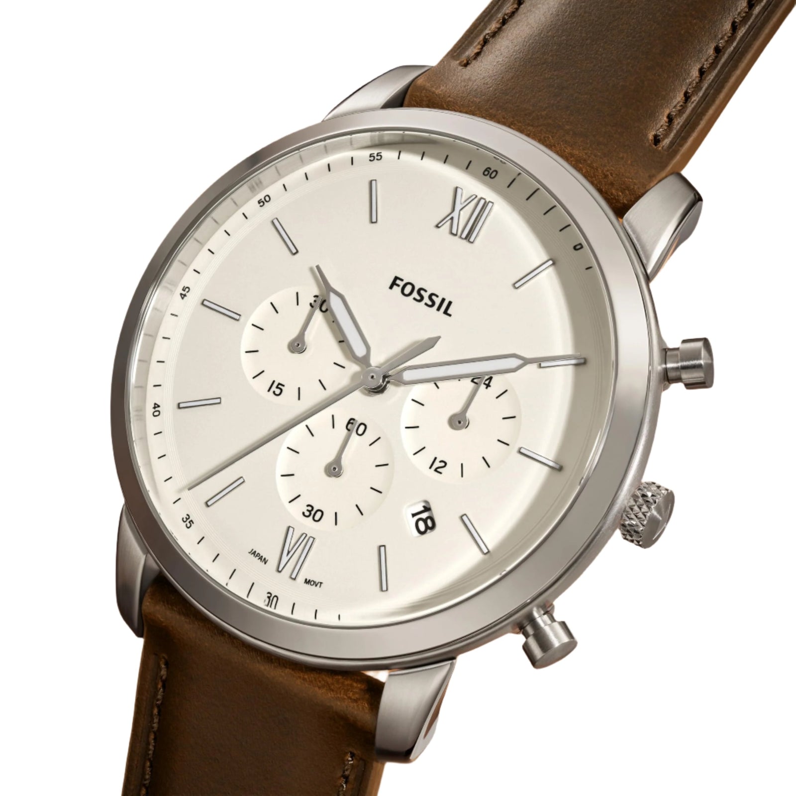 Fossil Neutra FS5380 angled view with brown leather strap and silver chronograph case