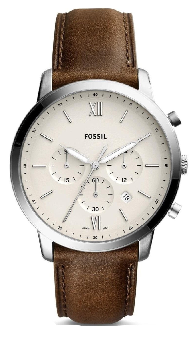 Fossil Neutra Chronograph with cream dial, Roman numerals, and brown leather strap, front view