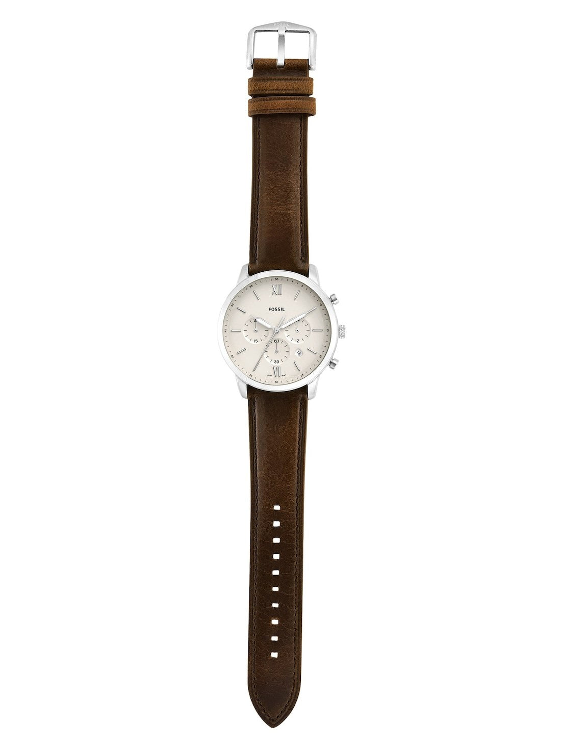 Fossil Neutra Chronograph FS5380 displayed on brown leather strap extended