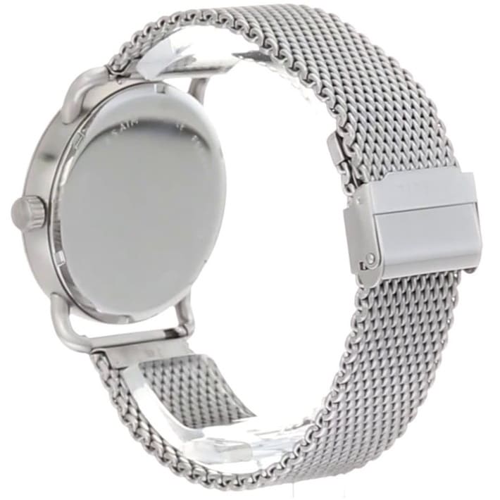 Angled view of Fossil Neutra watch with stainless steel mesh band and fold-over clasp