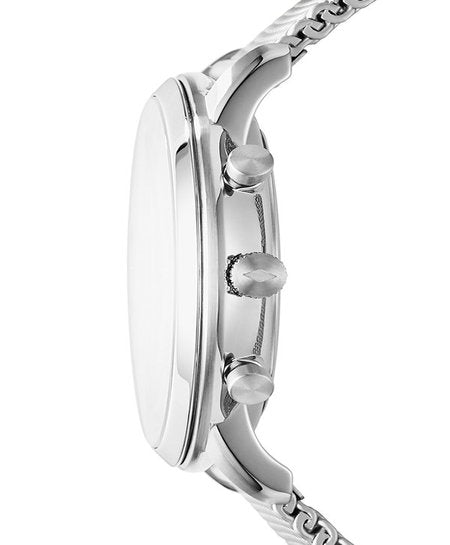 Side profile of Fossil Neutra chronograph watch showing stainless steel case, pushers, and mesh band