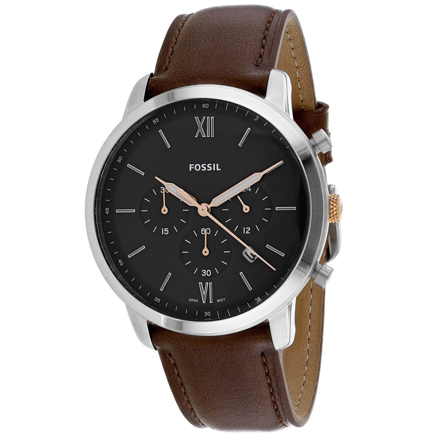 Fossil Neutra chronograph watch with black dial, light brown leather strap, Roman numerals and rose gold accents