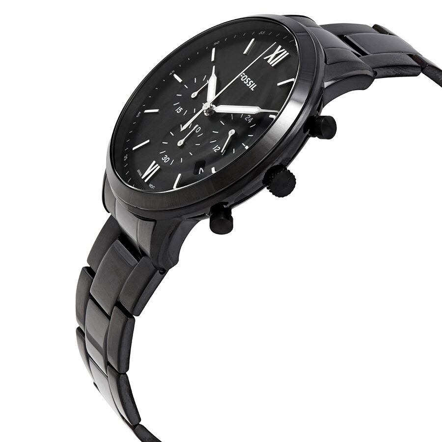 Fossil Neutra chronograph watch shown at angle with black dial and black stainless steel bracelet