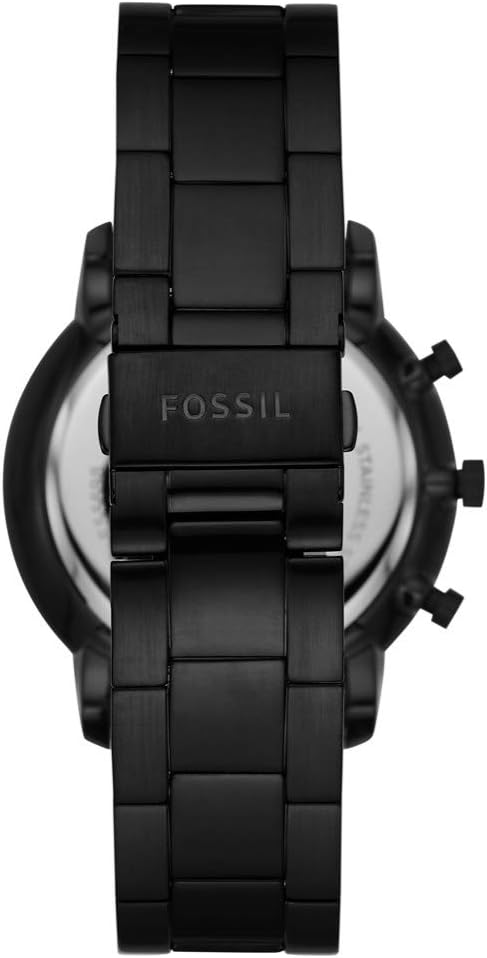 Fossil Neutra chronograph watch back view showing black stainless steel caseback and bracelet