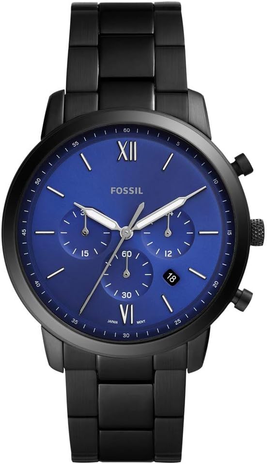 Fossil Neutra chronograph watch with blue dial and black stainless steel case and bracelet