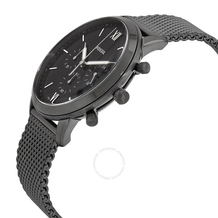 Side angle view of Fossil Neutra chronograph watch showing chronograph pushers and mesh band