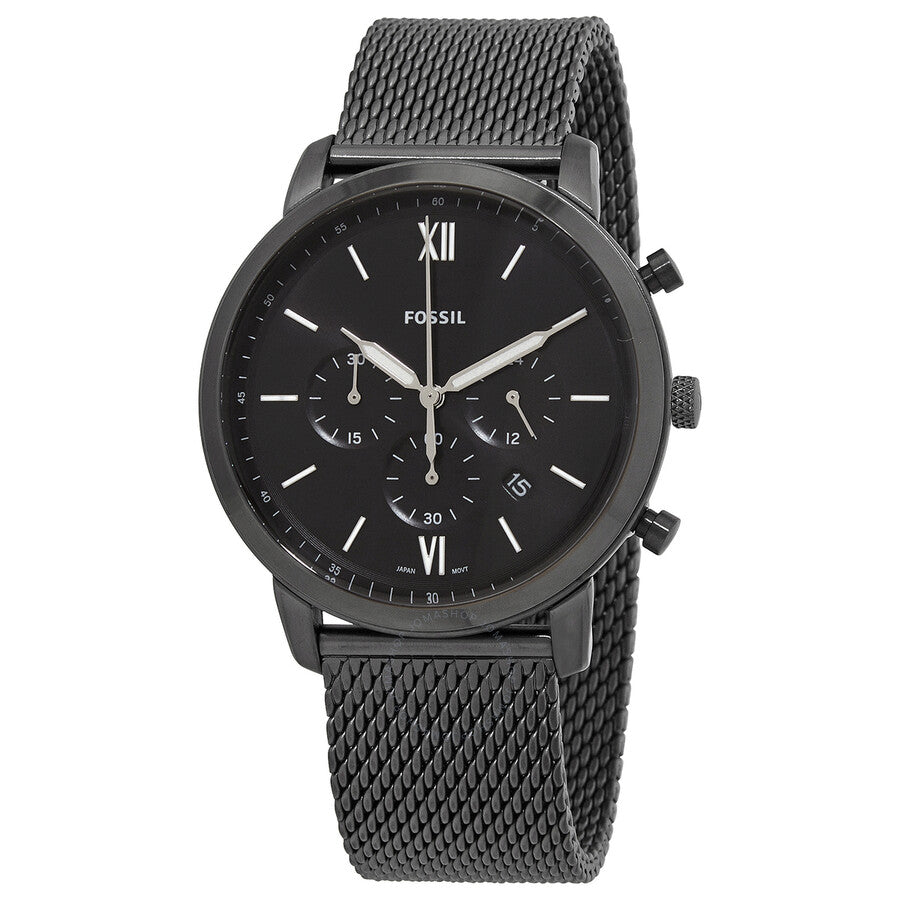 Fossil Neutra chronograph men's watch with black dial, Roman numerals, mesh strap, and chronograph subdials