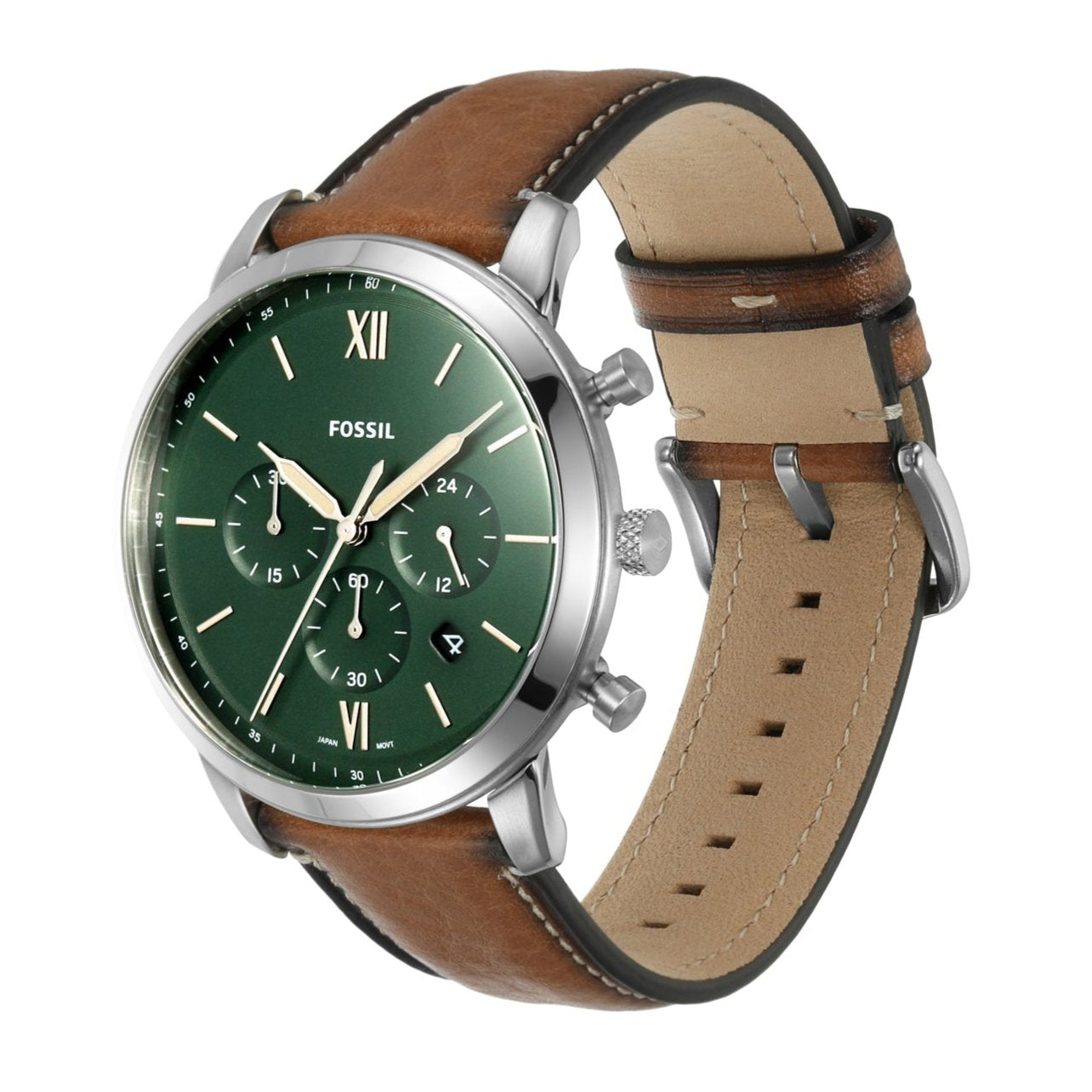 Fossil Neutra chronograph watch at three-quarter angle showing green dial and brown leather band