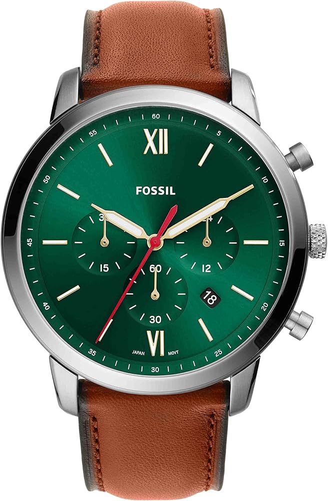 Fossil Neutra chronograph watch with green dial, silver case, and brown leather strap