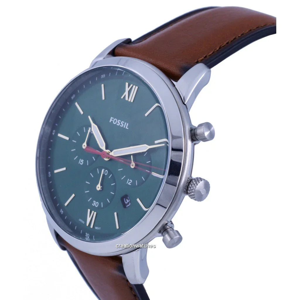 Side view of Fossil Neutra chronograph watch with green dial and brown leather strap