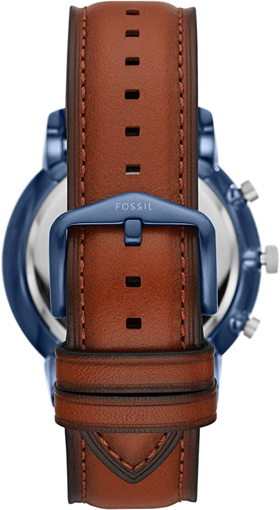 Fossil Neutra watch caseback view showing tan leather strap with stitching and blue case lugs