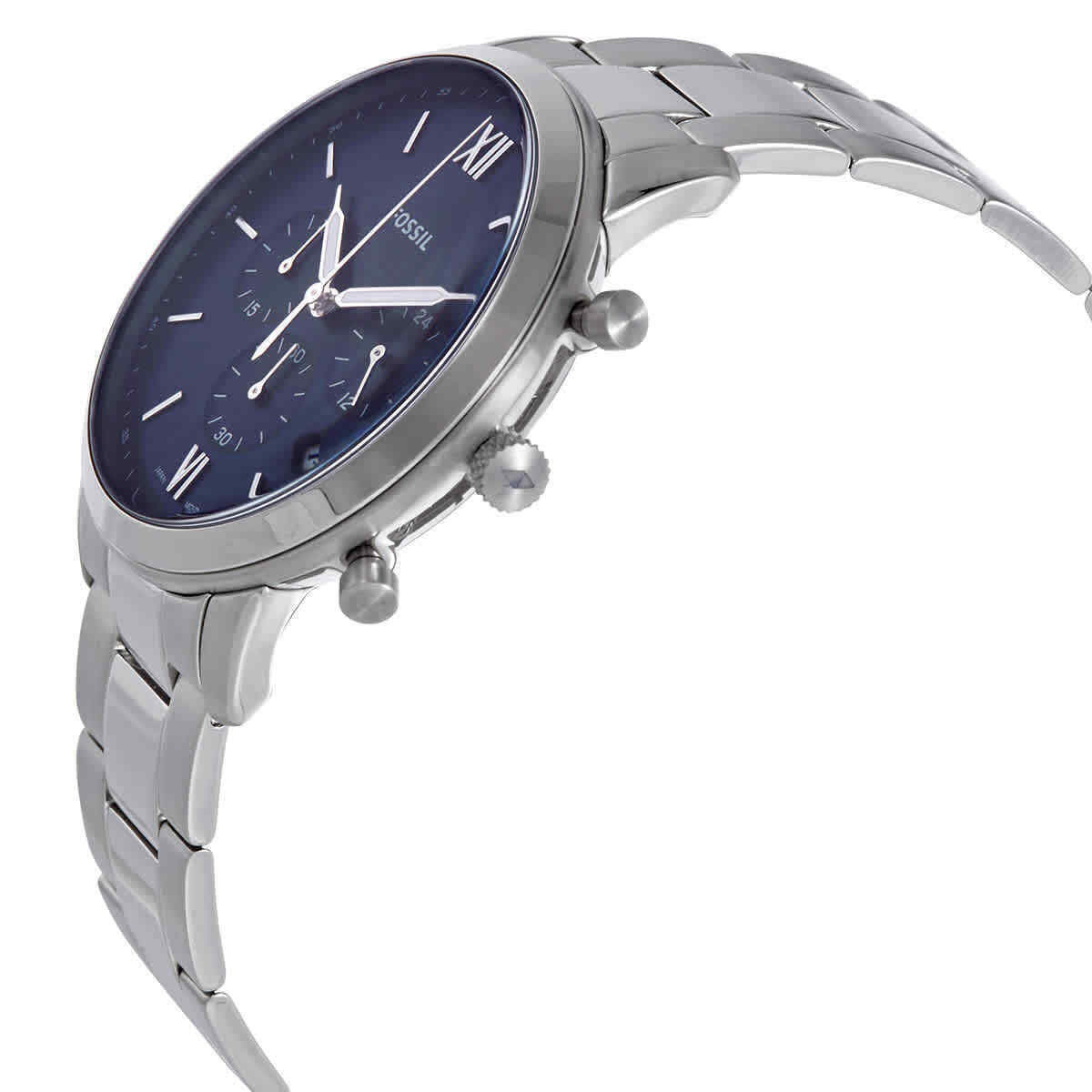Side view of Fossil Neutra chronograph showing blue dial and stainless steel band