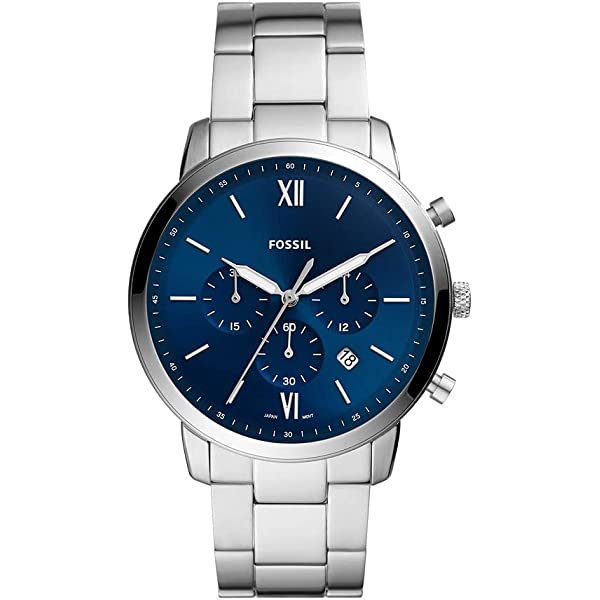 Fossil Neutra chronograph watch with blue dial, Roman numerals, and stainless steel bracelet