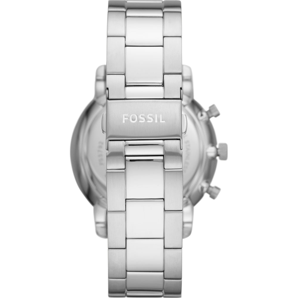 Caseback view of Fossil Neutra chronograph watch with stainless steel bracelet