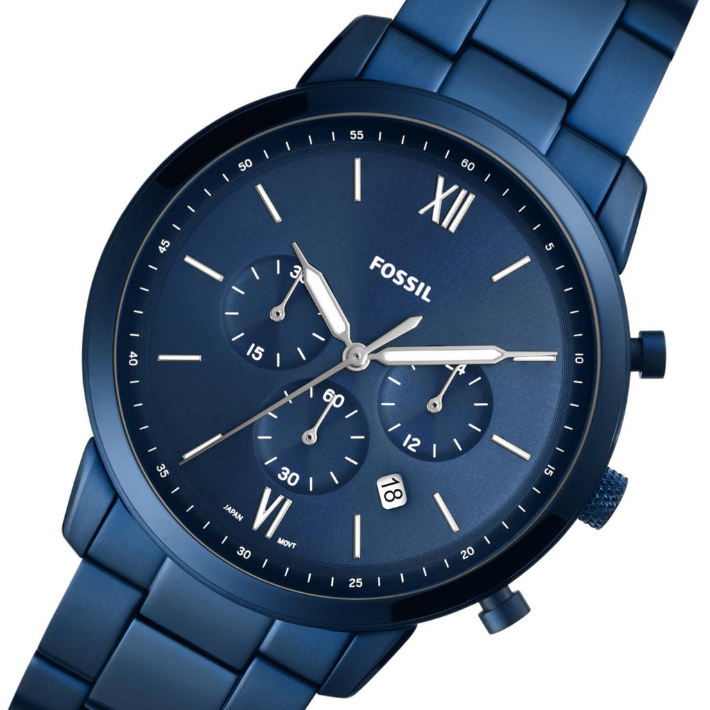 Angled view of Fossil Neutra ocean blue chronograph watch showing dial and blue steel bracelet