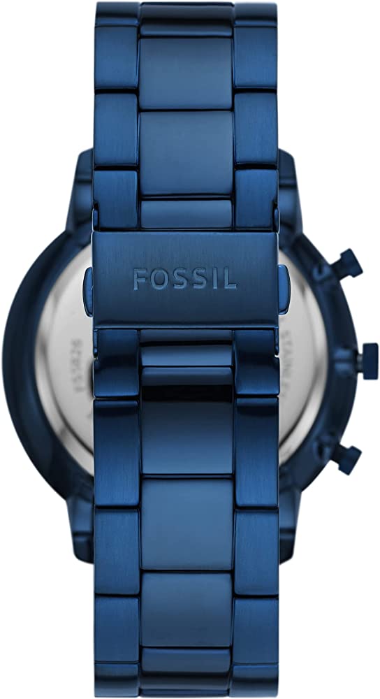 Caseback view of Fossil Neutra ocean blue watch showing stainless steel bracelet and chronograph pushers