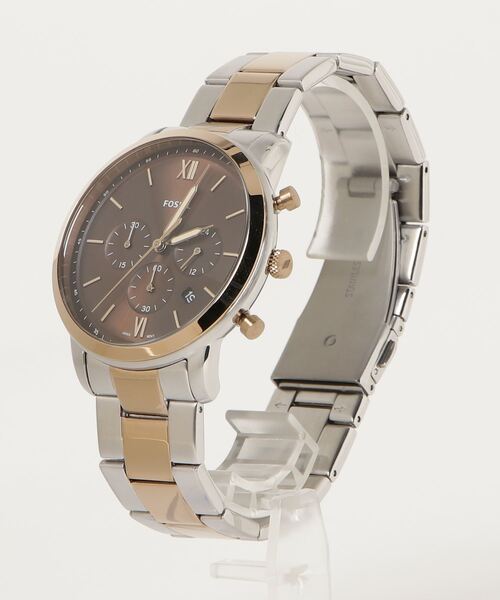 Fossil Neutra two-tone chronograph watch shown at angle displaying side profile and two-tone bracelet