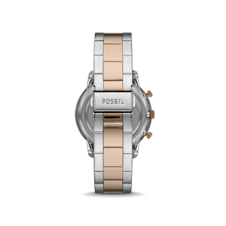 Fossil Neutra watch caseback showing stainless steel case with Fossil branding and two-tone bracelet