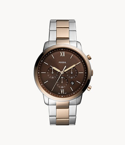 Fossil Neutra two-tone stainless steel chronograph watch with brown dial and Roman numerals