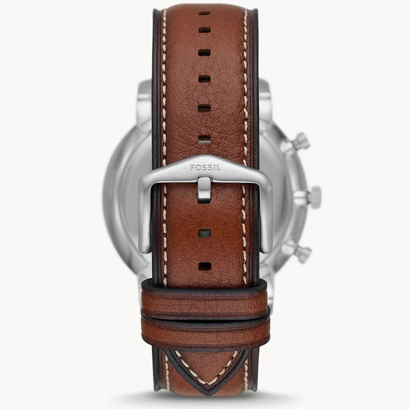 Brown leather strap with white stitching and stainless steel buckle on Fossil Neutra FS5902