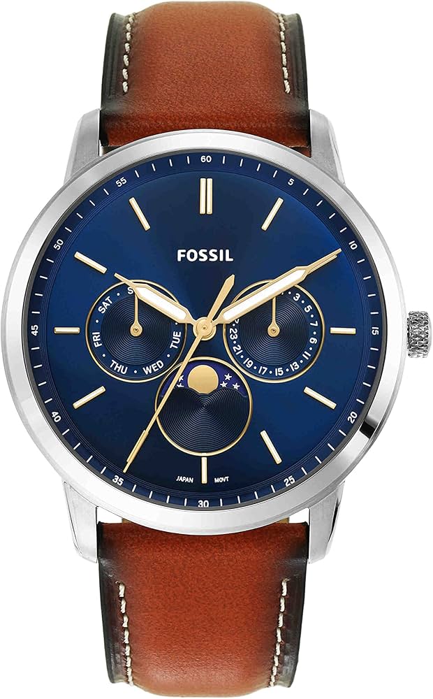 Fossil Neutra FS5903 watch with blue dial, moonphase subdial, and brown leather strap