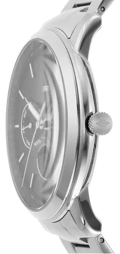 Fossil Neutra FS5907 angled view of silver steel case and bracelet with blue dial