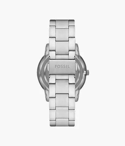 Fossil Neutra FS5907 caseback showing silver steel strap and case back engraving