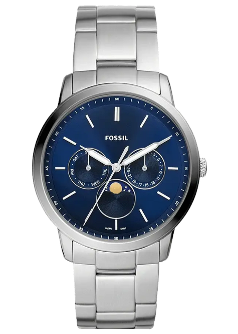 Fossil Neutra FS5907 men's watch with blue dial, moonphase complication, and silver steel bracelet