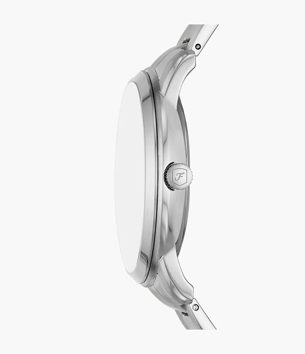 Fossil Neutra FS5907 side profile view showing case thickness and silver steel bracelet