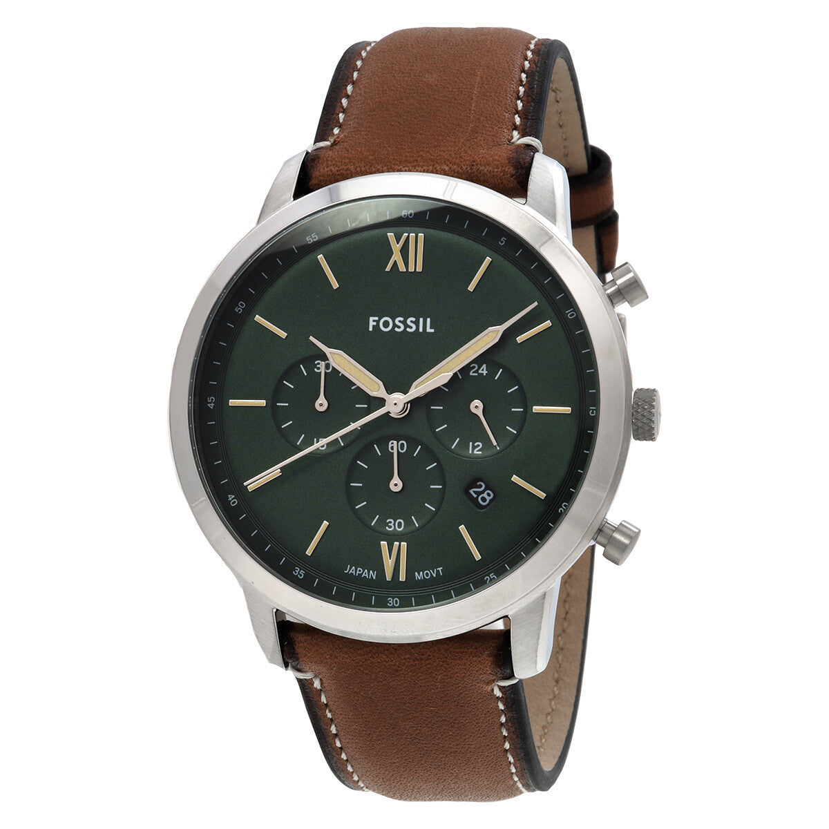 Fossil Neutra chronograph with green dial, Roman numerals, tan leather strap, and chronograph subdials