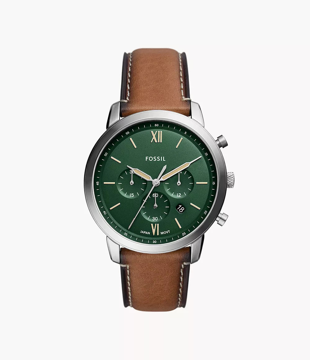 Fossil Neutra chronograph watch with green dial, tan leather strap, and silver case