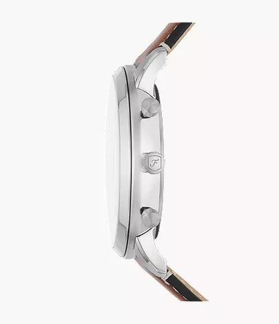Fossil Neutra chronograph side profile showing silver case and tan leather strap