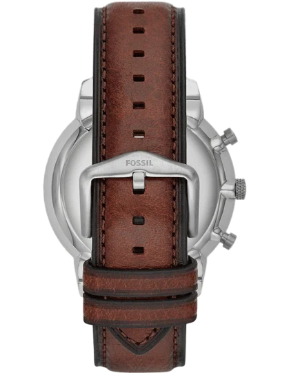 Fossil Neutra watch caseback displaying chronograph pushers and brown leather strap