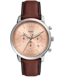 Fossil Neutra Chronograph watch with rose gold dial, silver case, and brown leather strap