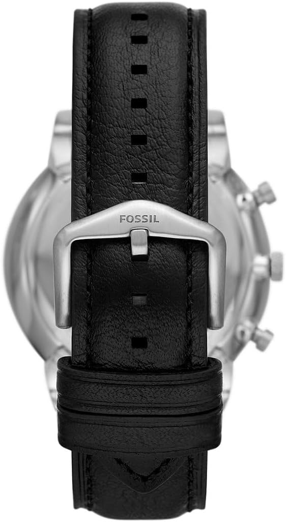Fossil Neutra caseback showing black leather strap with stitching and buckle