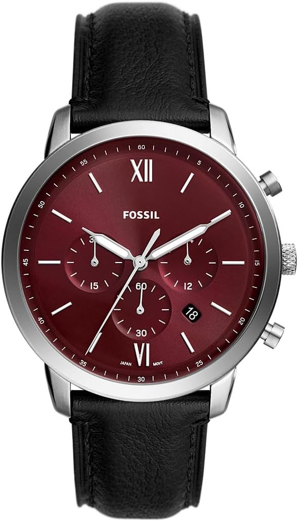 Fossil Neutra chronograph watch with burgundy dial, Roman numerals, and black leather strap