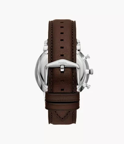 Brown leather strap with stitched detail and stainless steel case back of Fossil Neutra chronograph