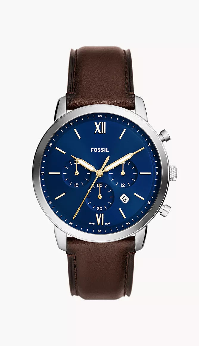 Fossil Neutra chronograph watch with blue dial, Roman numerals, brown leather strap, and silver stainless steel case